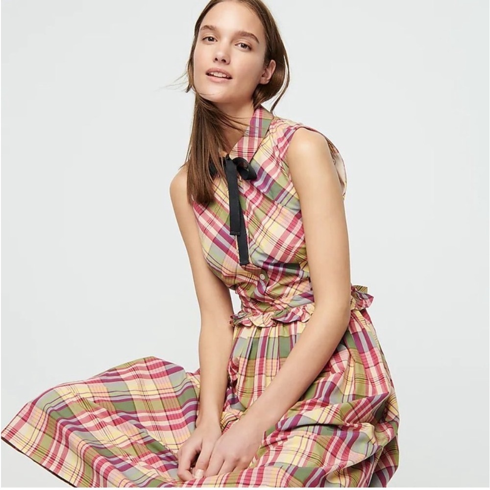 J. Crew Plaid Midi Shirtdress with bow tie detail Sz 10